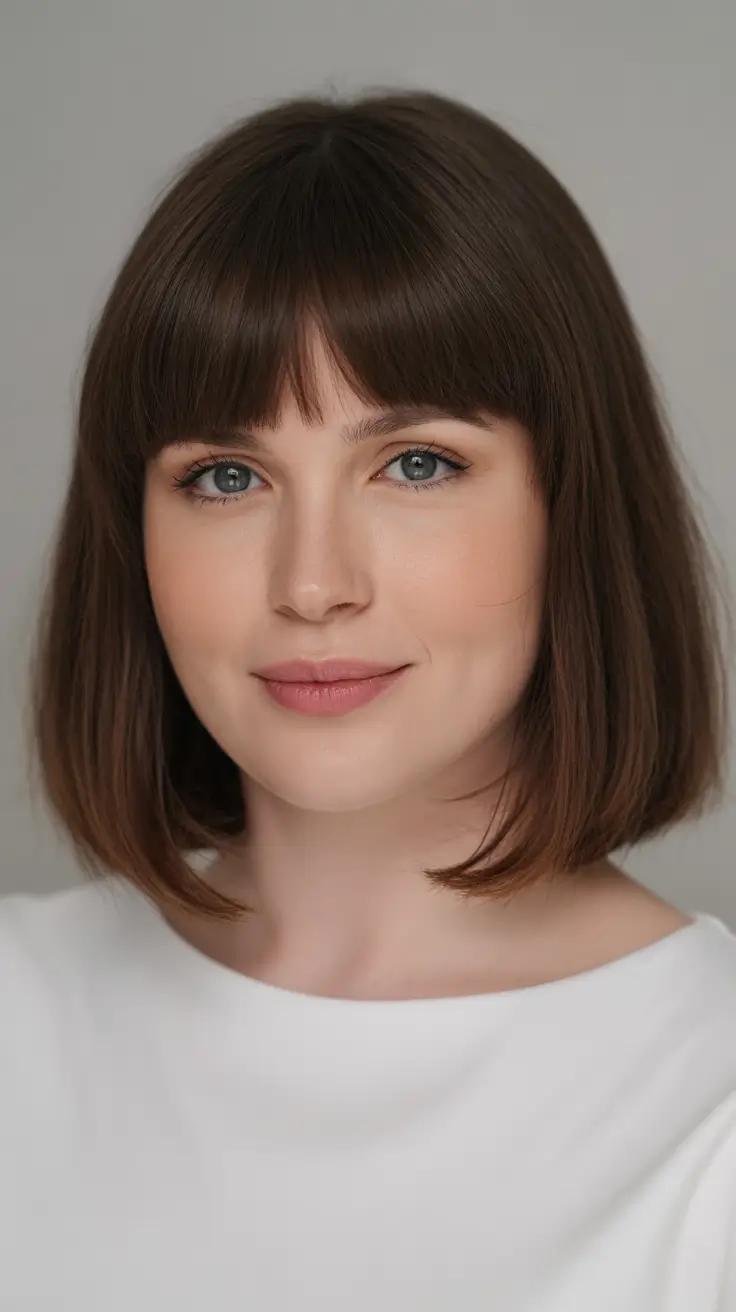Modern Haircut Ideas for Round Face 2026 Classic Bob with Blunt Bangs