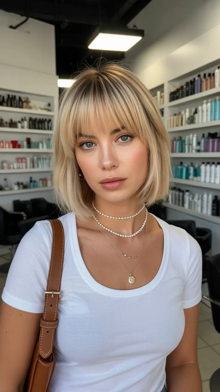 Modern Haircut Ideas for Round Face 2026 Short Platinum Bob with Wispy Bangs