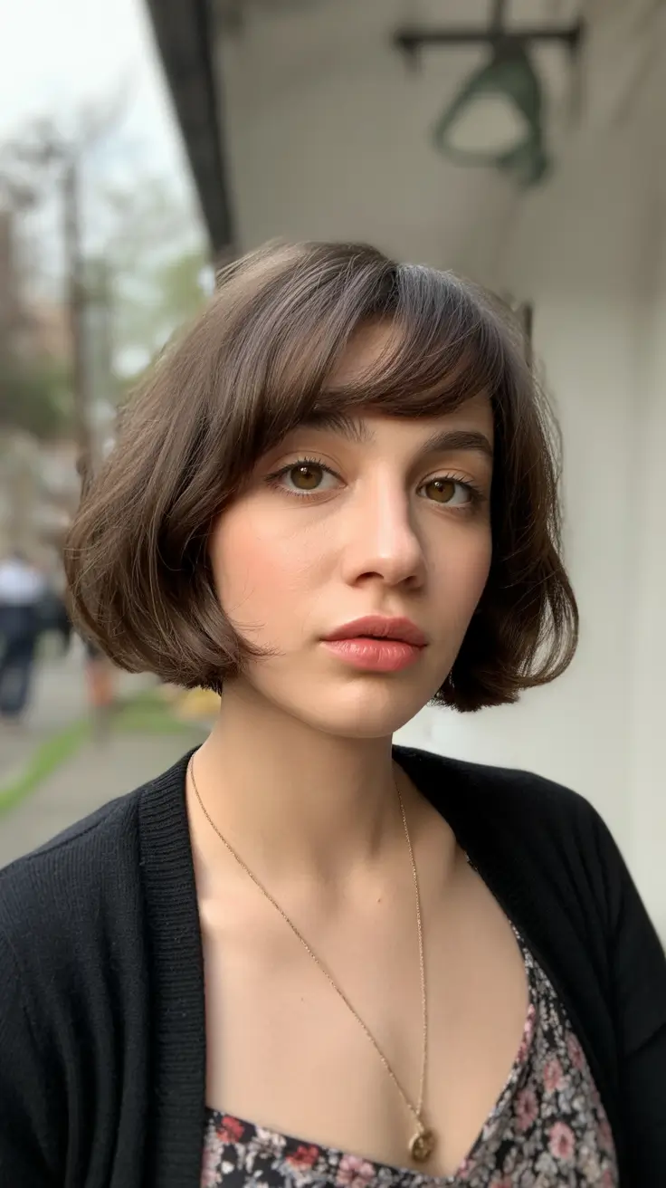 Modern Haircut Ideas for Round Face 2026 Soft Curved Bob with Side Bangs
