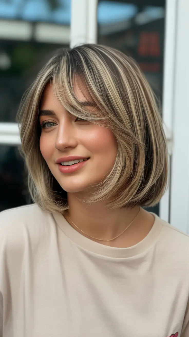 Modern Haircut Ideas for Round Face 2026 Textured Lob with Curtain Bangs