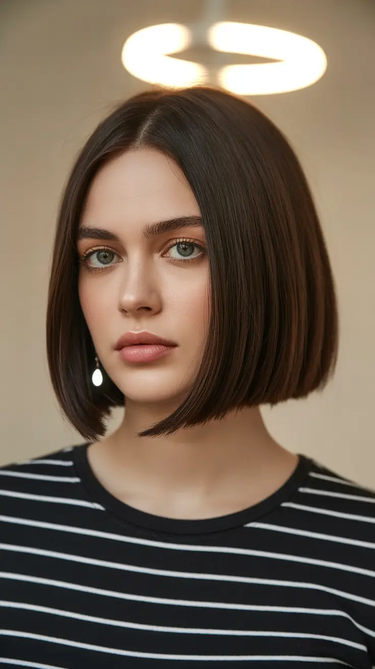 Modern Haircut Ideas for Round Face 2026 Sharp Blunt Bob with Center Part