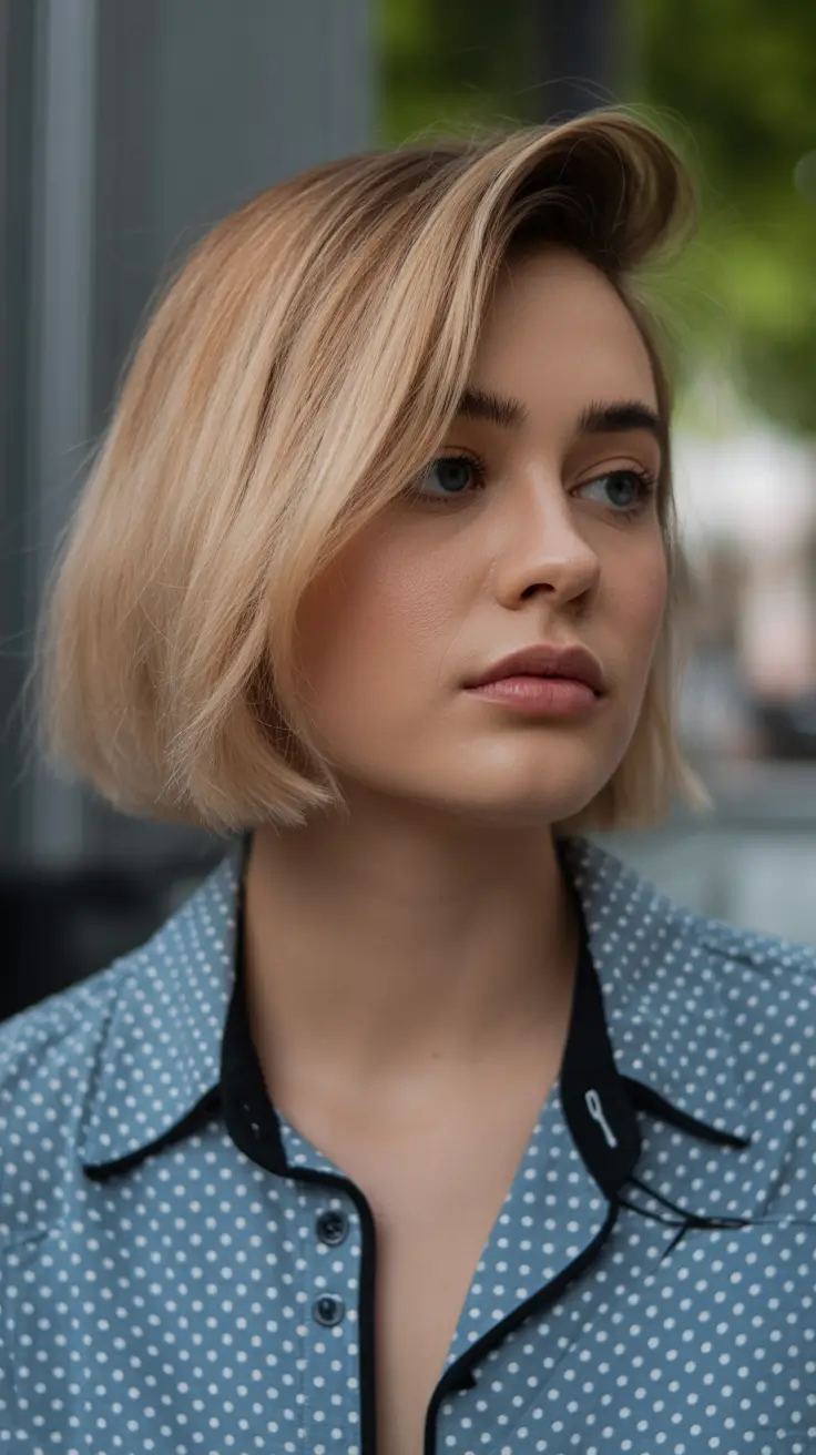 Modern Haircut Ideas for Round Face 2026 Soft Blonde Bob with Side Volume