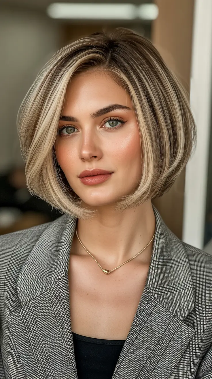 Modern Haircut Ideas for Round Face 2026 Rounded Bob with Dimension Highlights