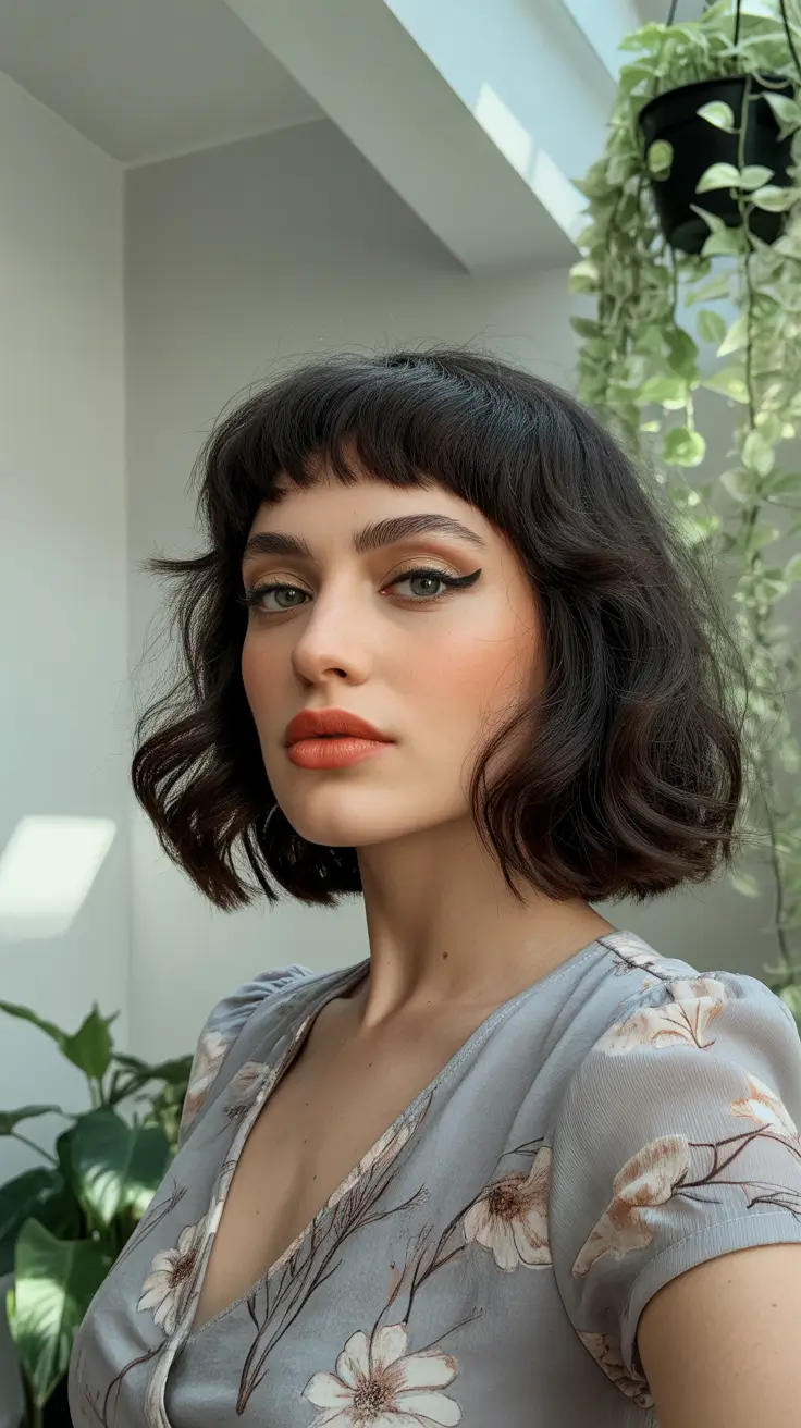 Modern haircuts for thick hair 2026 Soft Contoured Bob with Micro Bangs