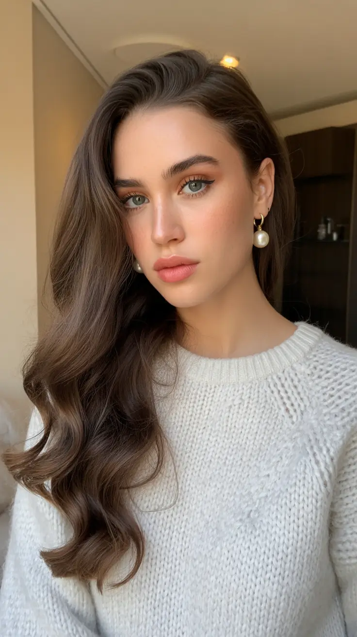 Modern haircuts for thick hair 2026 Polished Long Waves with Subtle Contouring Layers