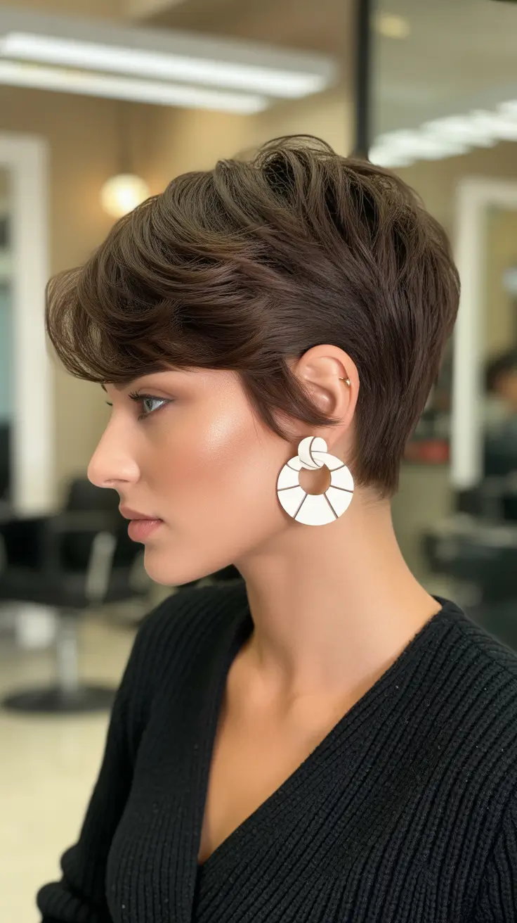 Modern haircuts for thick hair 2026 Layered Sculpted Pixie with Swept Volume