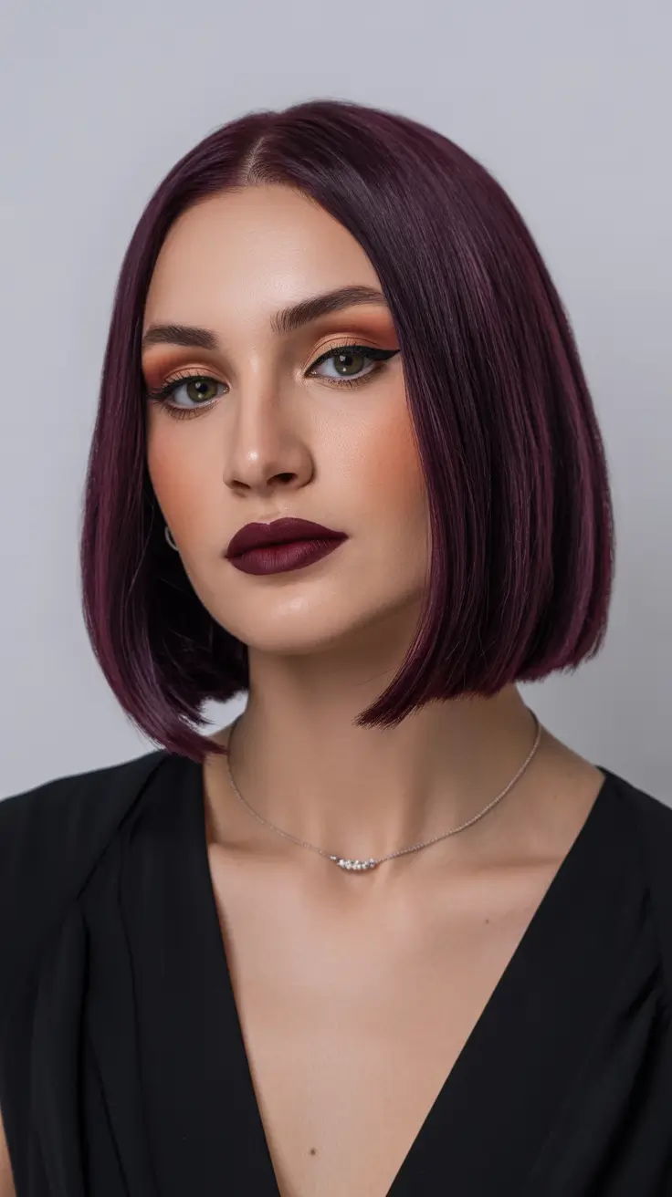 Modern haircuts for thick hair 2026 Sleek Straight Bob with Deep Berry Tint