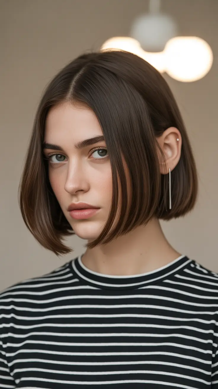 Modern haircuts for thick hair 2026 Minimalist Blunt Bob with Soft Curved Ends