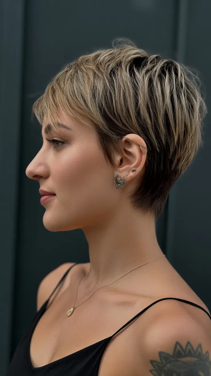 Modern haircuts for thick hair 2026 Textured Highlighted Pixie with Soft Dimension