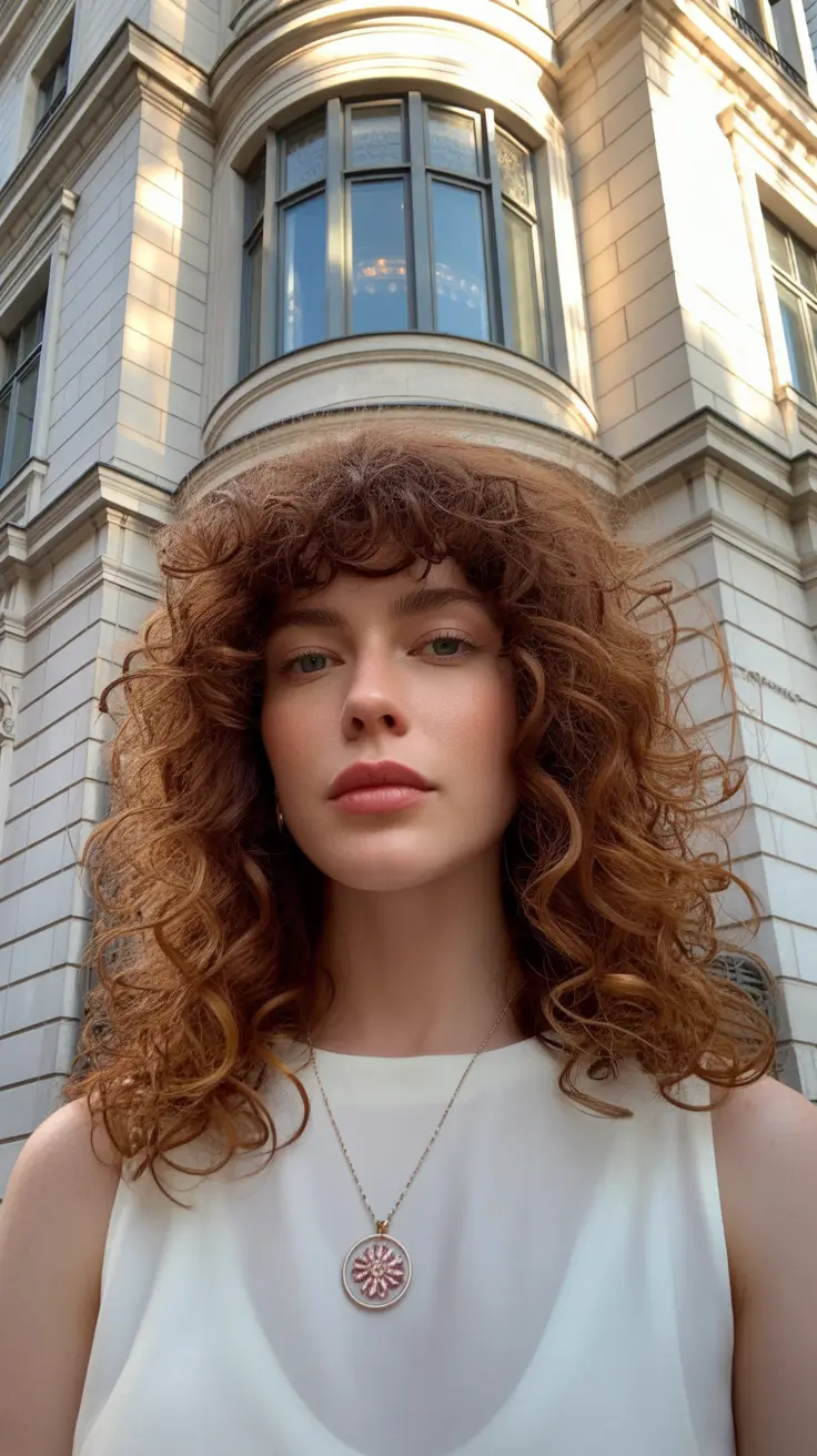 Modern haircuts for thick hair 2026 Voluminous Curly Shag with Rounded Fringe