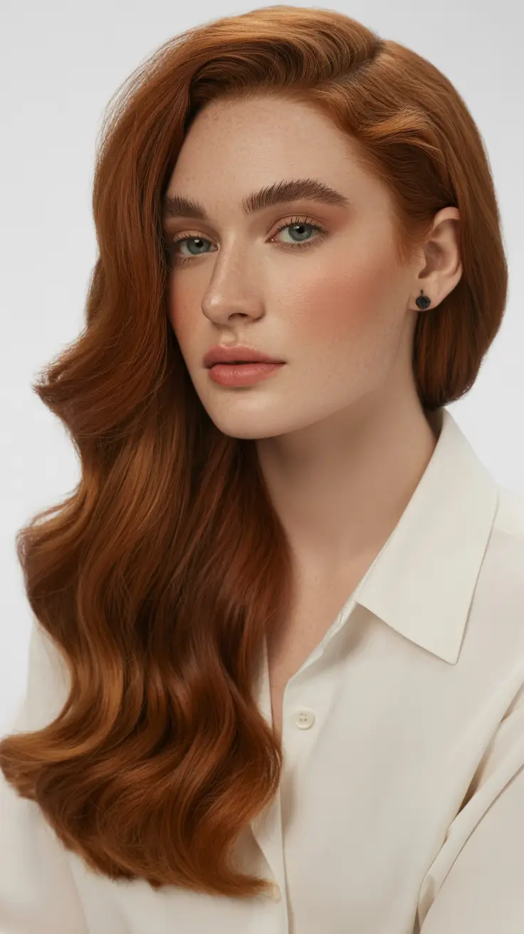 Modern haircuts for thick hair 2026 Classic Long Hollywood Waves in Copper Red