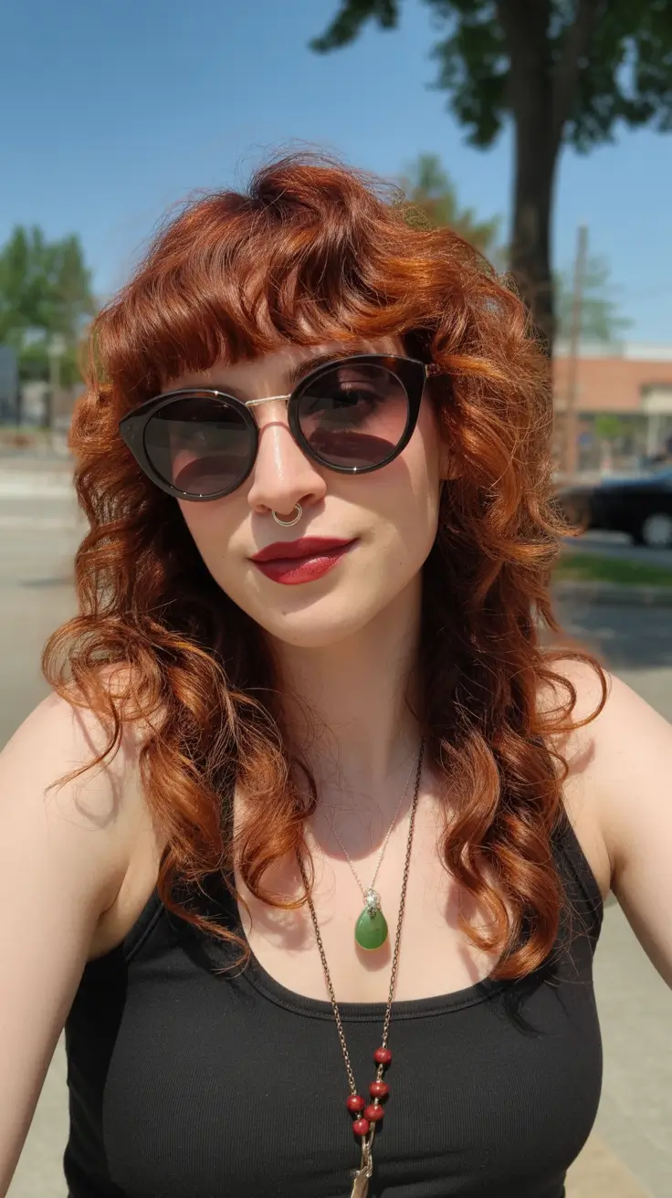 Modern haircuts for thick hair 2026 Warm Curly Shag with Rounded Fringe