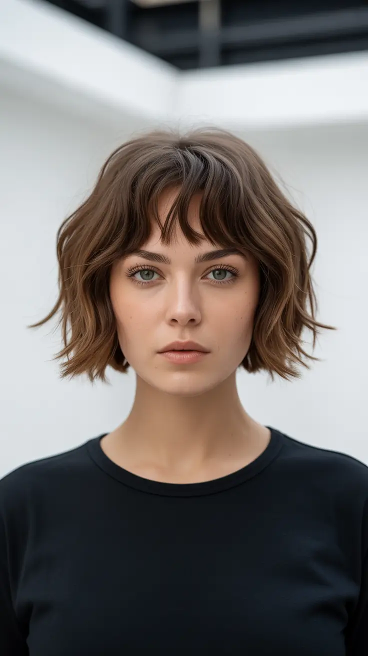 Modern haircuts for thick hair 2026 Soft Choppy Bob with Wispy Bangs