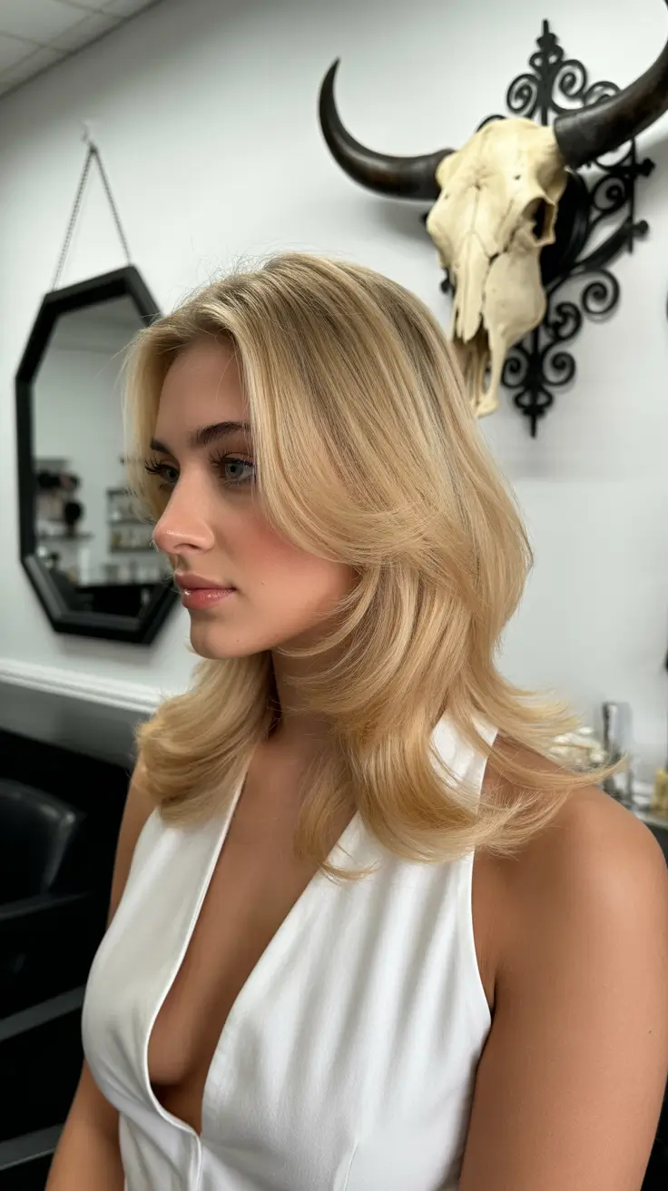 Modern haircuts for thick hair 2026 Layered Blonde Blowout with Soft Face-Opening Volume