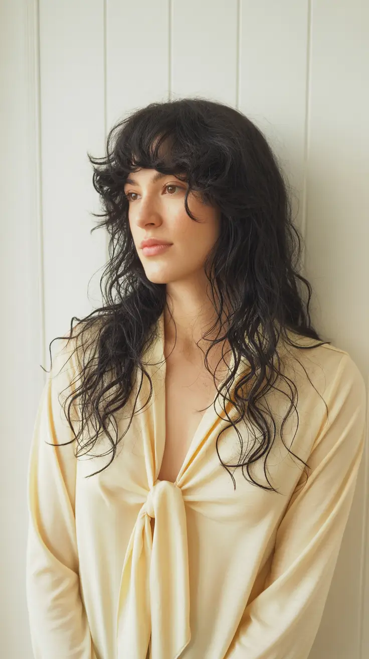 Modern haircuts for thick hair 2026 Long Wavy Shag with Airy Curtain Bangs