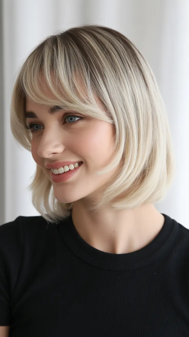 Modern haircuts for thick hair 2026 Soft Blonde Bob with Whisper Bangs