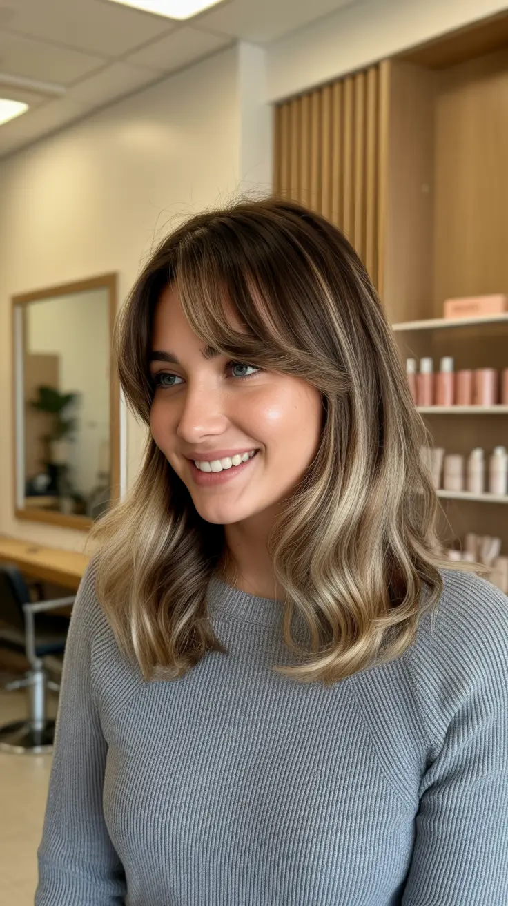 Modern haircuts for thick hair 2026 Mid-Length Waves with Soft Curtain Bangs