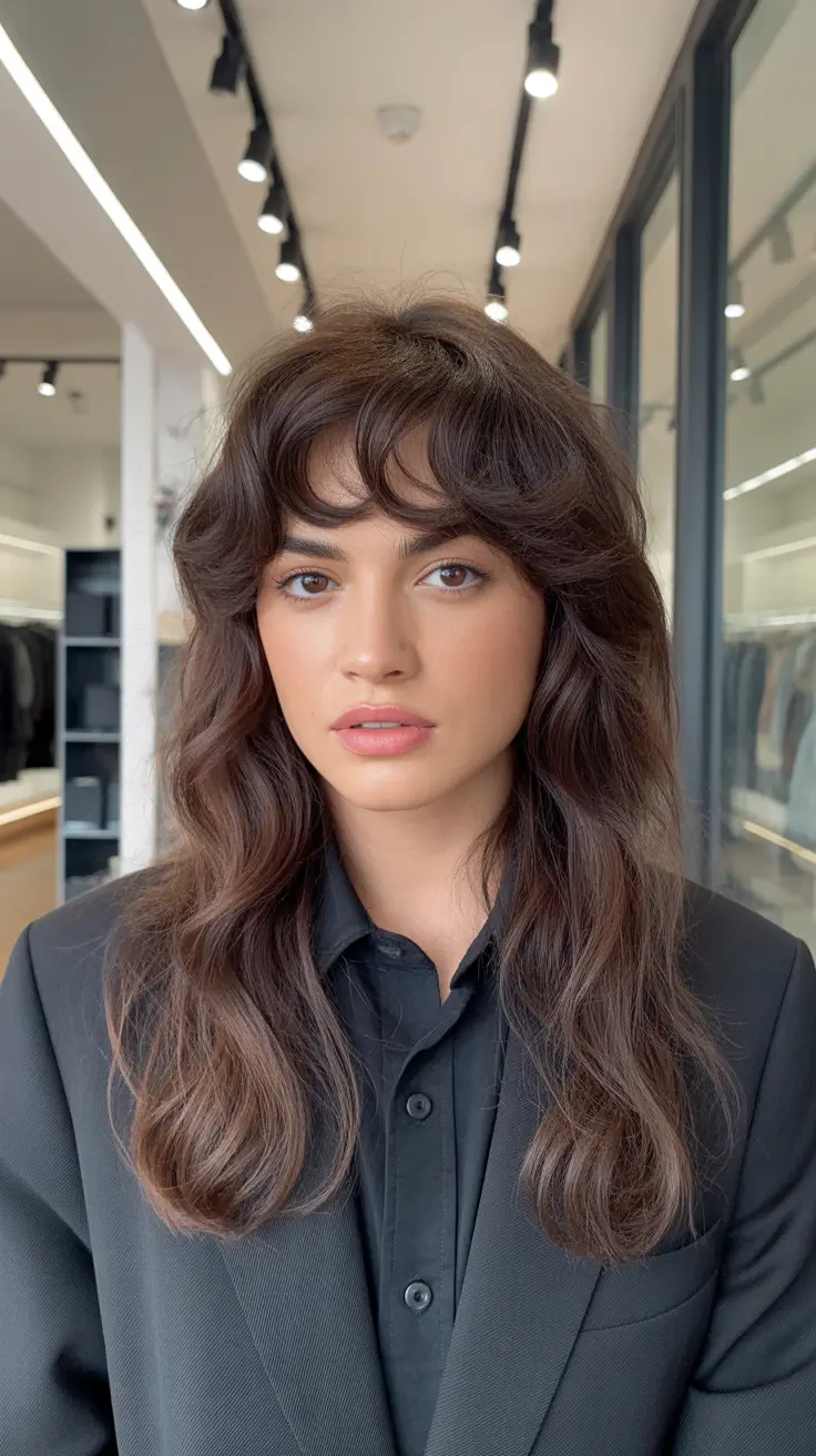 Modern haircuts for thick hair 2026 Long Cascading Waves with Soft Crescent Bangs