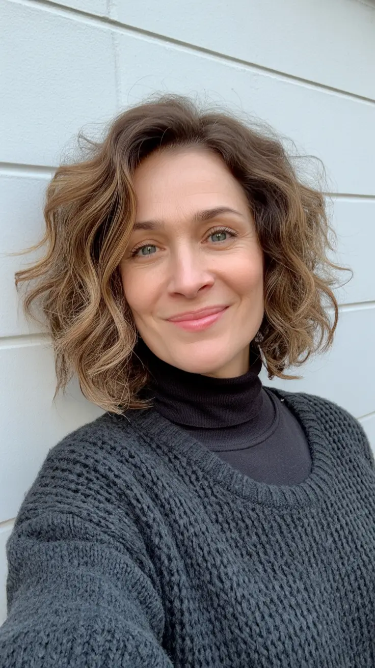 Modern haircuts for women over 40 2026 Textured Wavy Bob with Caramel Balayage