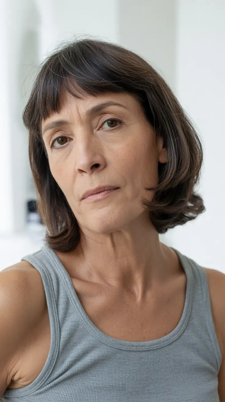 modern hairstyles for women over 60 2026 Natural Brown Medium Bob with Curtain Bangs