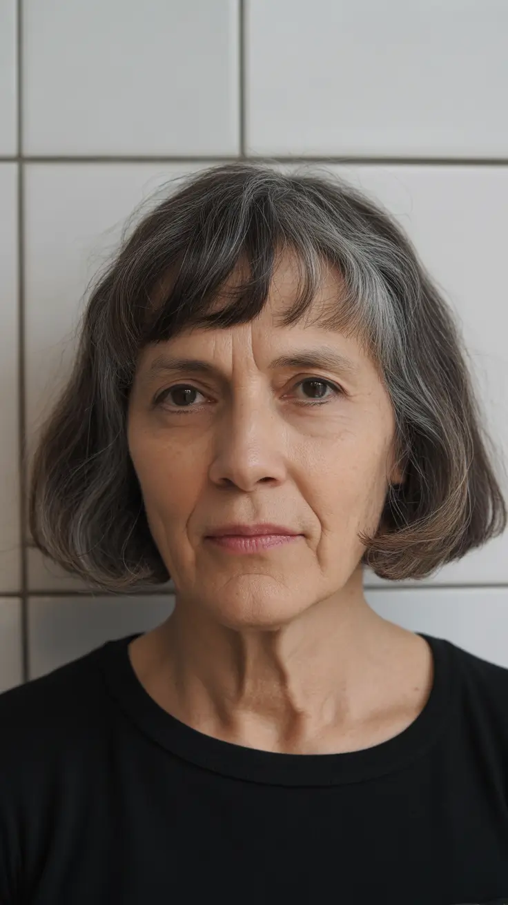 modern hairstyles for women over 60 2026 Classic Bob with Subtle Bangs and Natural Gray