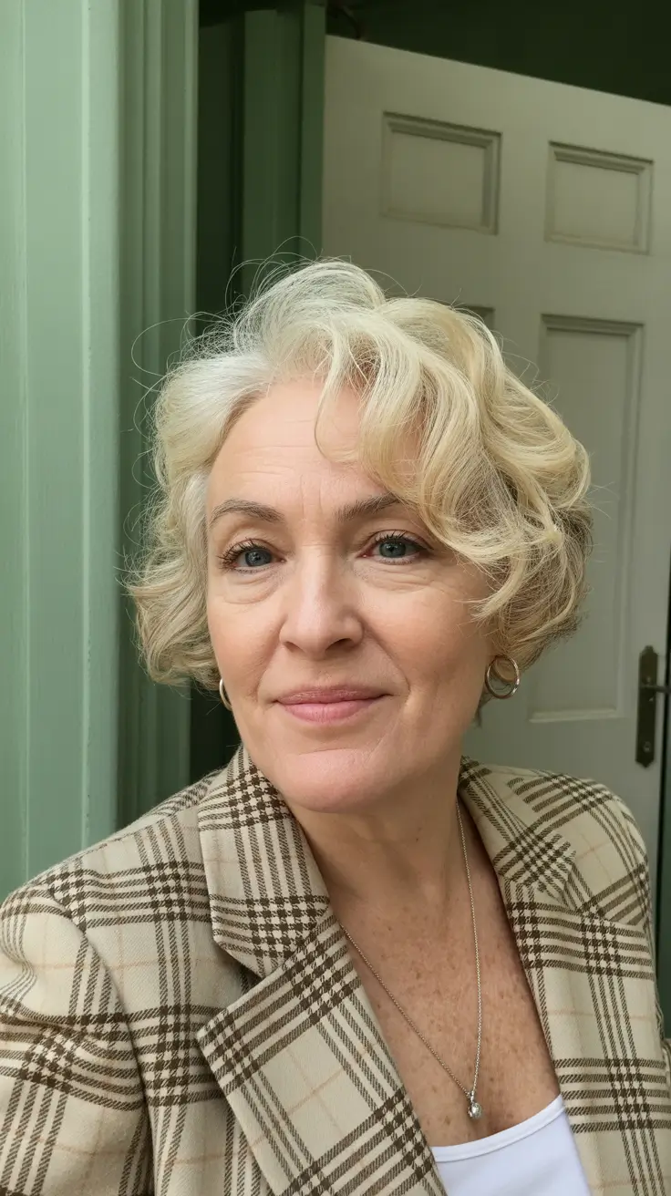 modern hairstyles for women over 60 2026 Soft Short Curly Blonde Bob with Volume