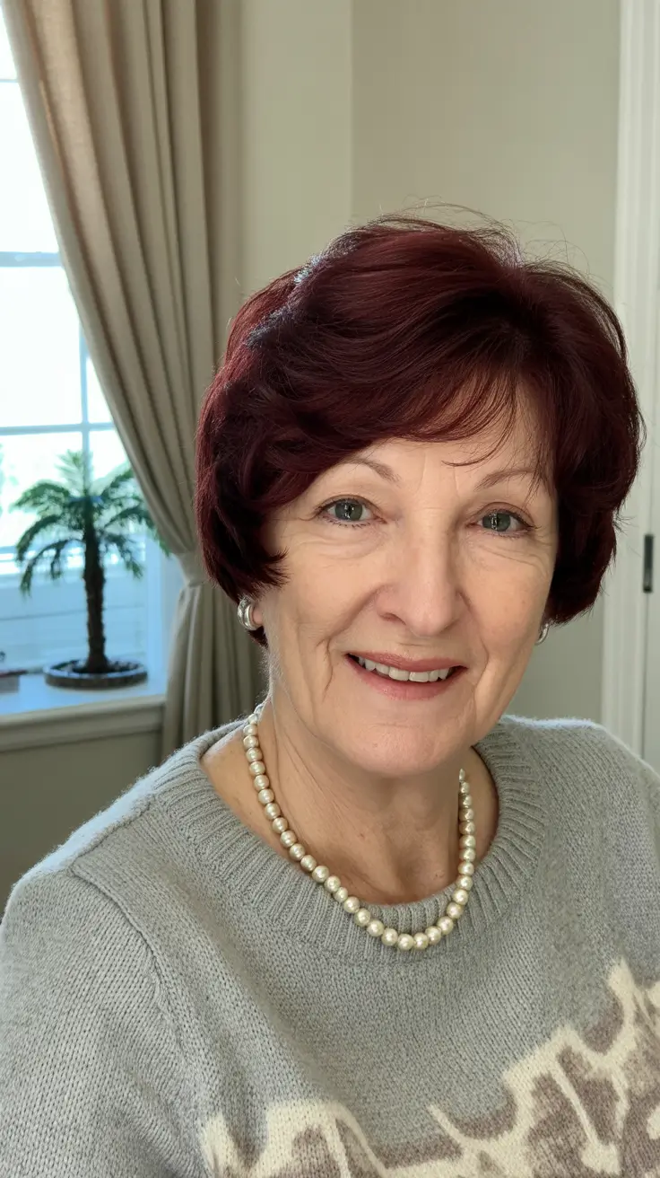 modern hairstyles for women over 60 2026 Elegant Burgundy Short Layered Bob