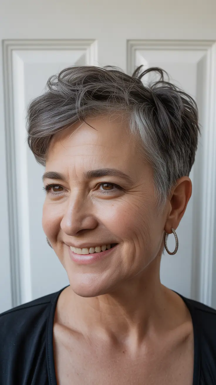 modern hairstyles for women over 60 2026 Modern Textured Pixie with Silver Blend