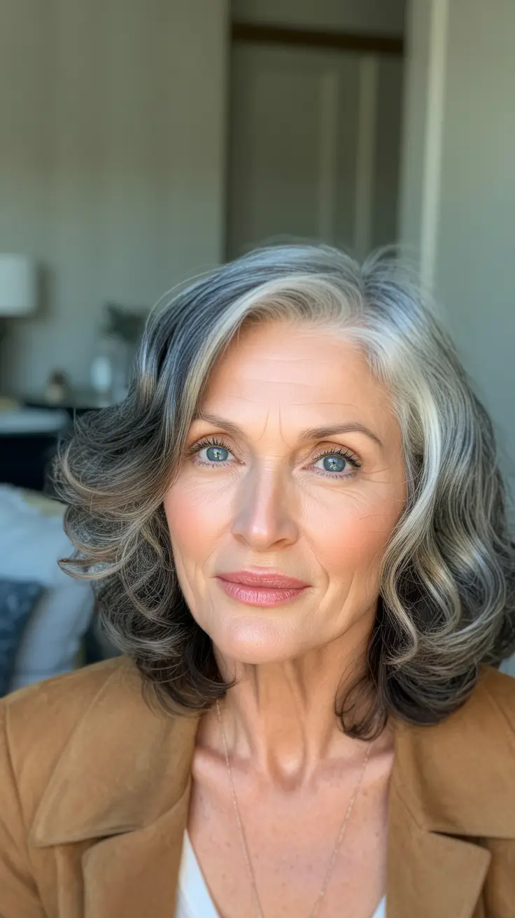 modern hairstyles for women over 60 2026 Silver Wavy Medium Cut with Side Part