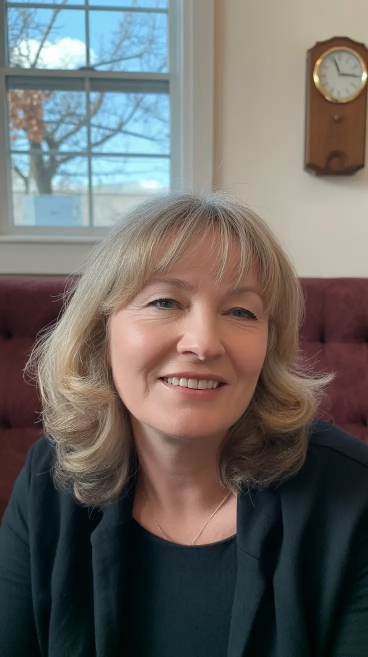 modern hairstyles for women over 60 2026 Feathered Shoulder-Length Cut with Bangs