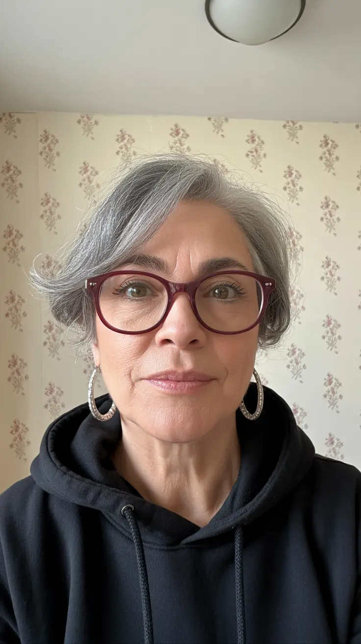 modern hairstyles for women over 60 2026 Short Layered Bob with Side-Swept Bangs and Glasses