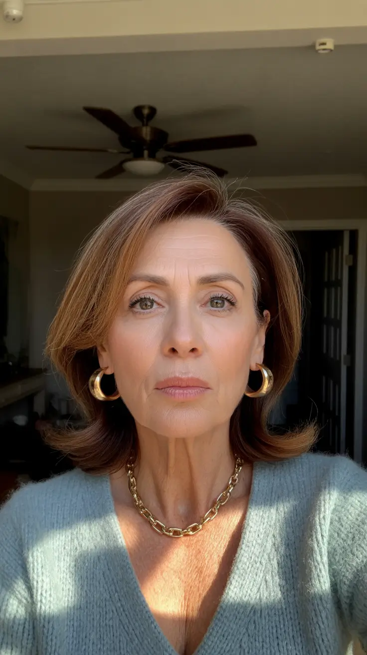 modern hairstyles for women over 60 2026 Classic Medium-Length Blowout with Warm Brown Shine