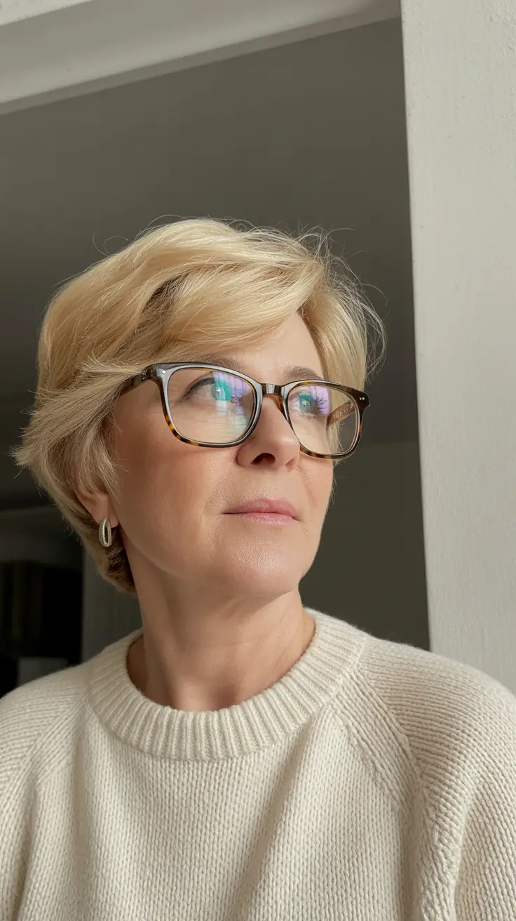 modern hairstyles for women over 60 2026 Soft Blonde Medium Short Layers with Glasses
