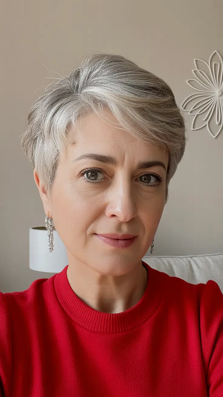 modern hairstyles for women over 60 2026 Elegant Short Pixie with Silver Highlights