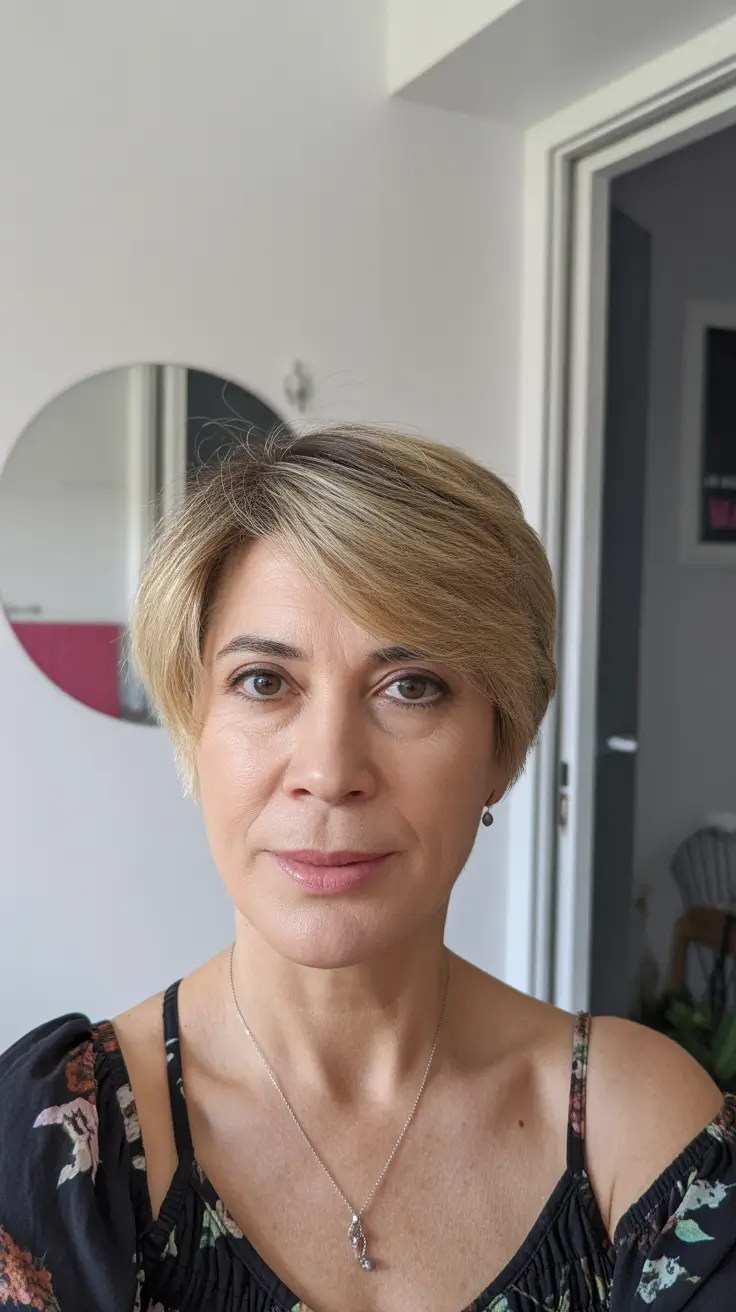 modern hairstyles for women over 60 2026 Soft Layered Bixie with Golden Tones