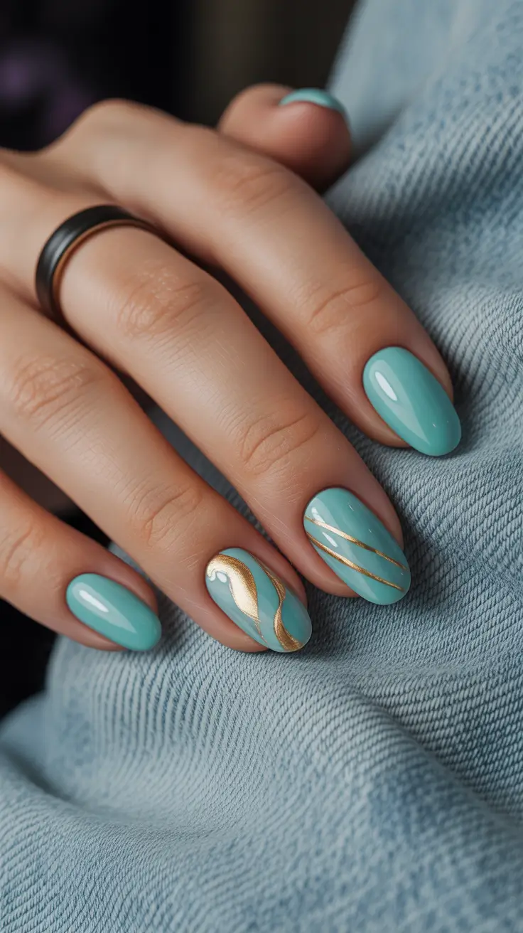 nails inspo ideas 2026 Mint Waves With Gold Detailing