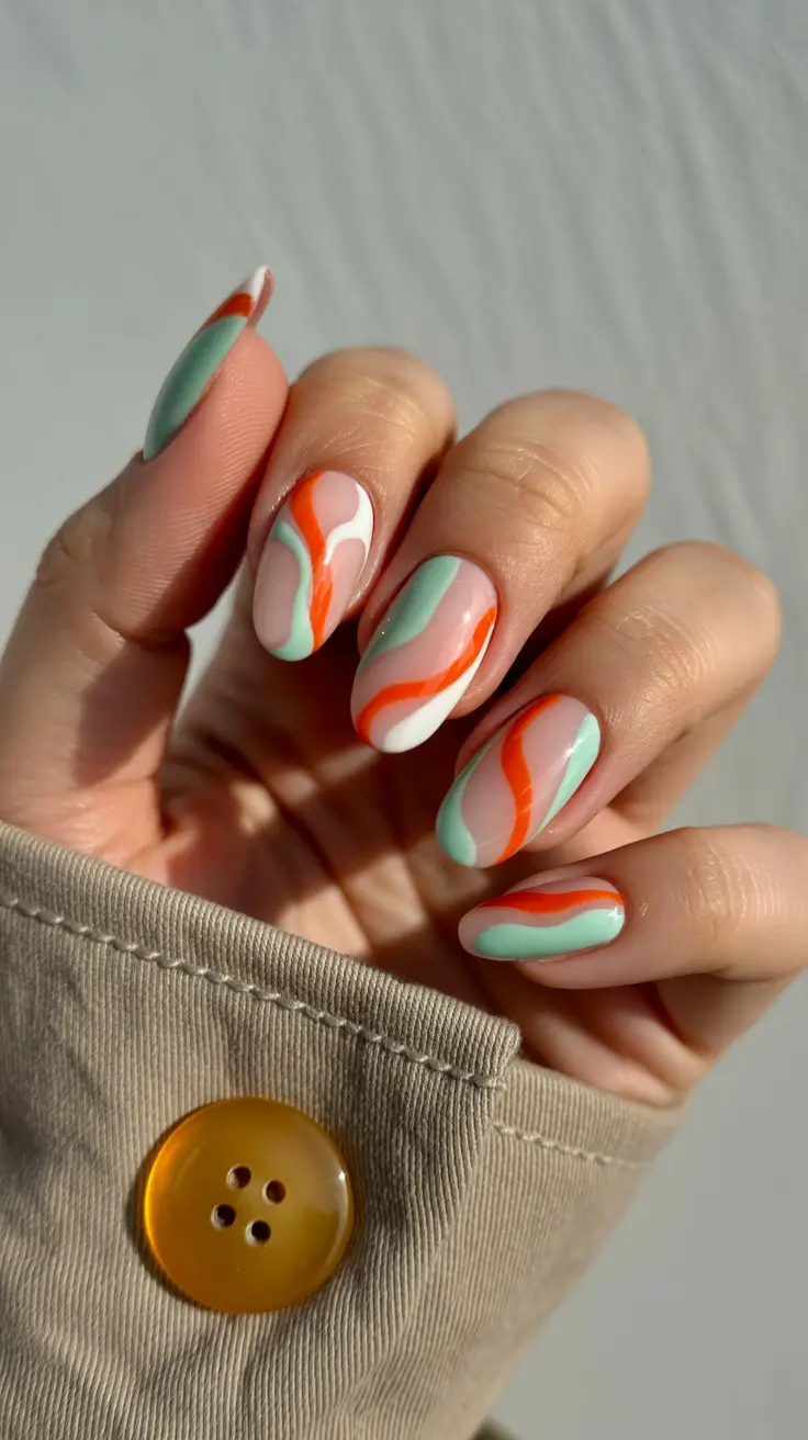 nails inspo ideas 2026 Soft Coral Mint Waves