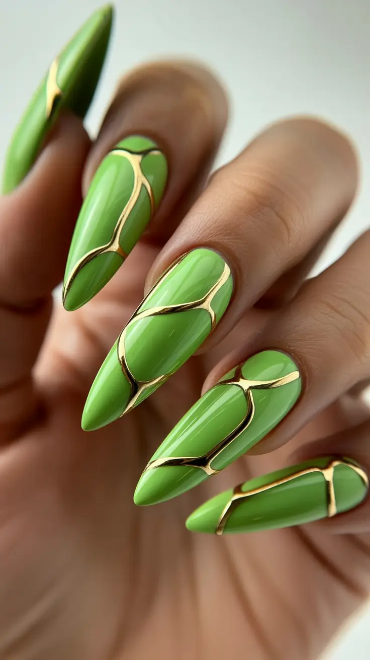 nails inspo ideas 2026 Bright Green Gloss With Gold Framing