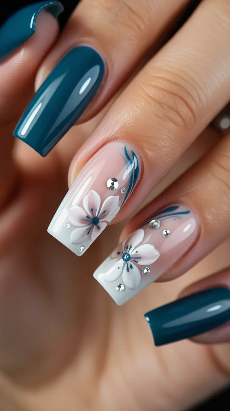 nails inspo ideas 2026 Teal Floral French With Crystal Details