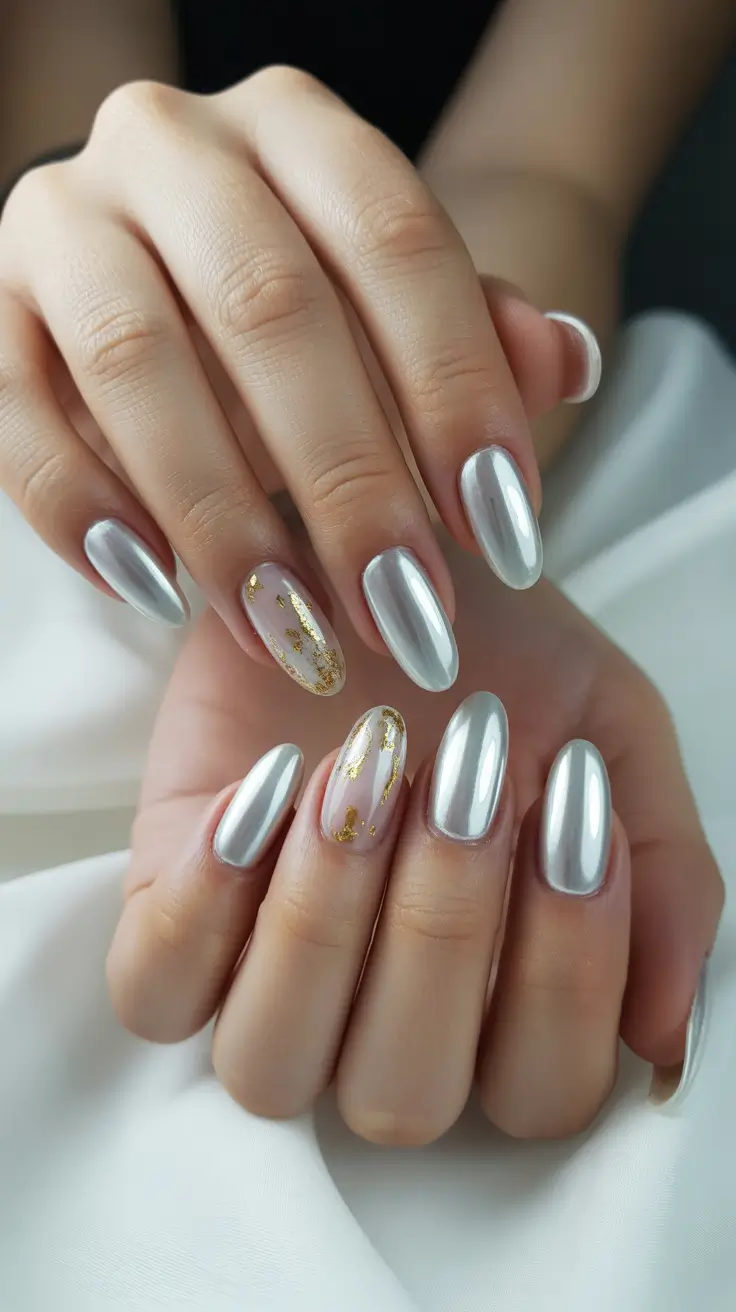 nails inspo ideas 2026 Liquid Silver Chrome With Gold Leaf Accents
