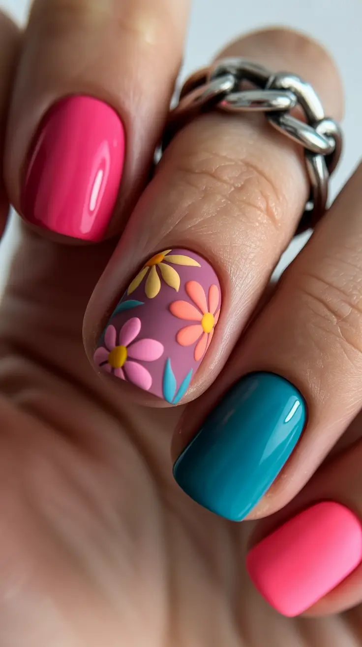 nails inspo ideas 2026 Playful Floral Mix in Bright Summer Shades