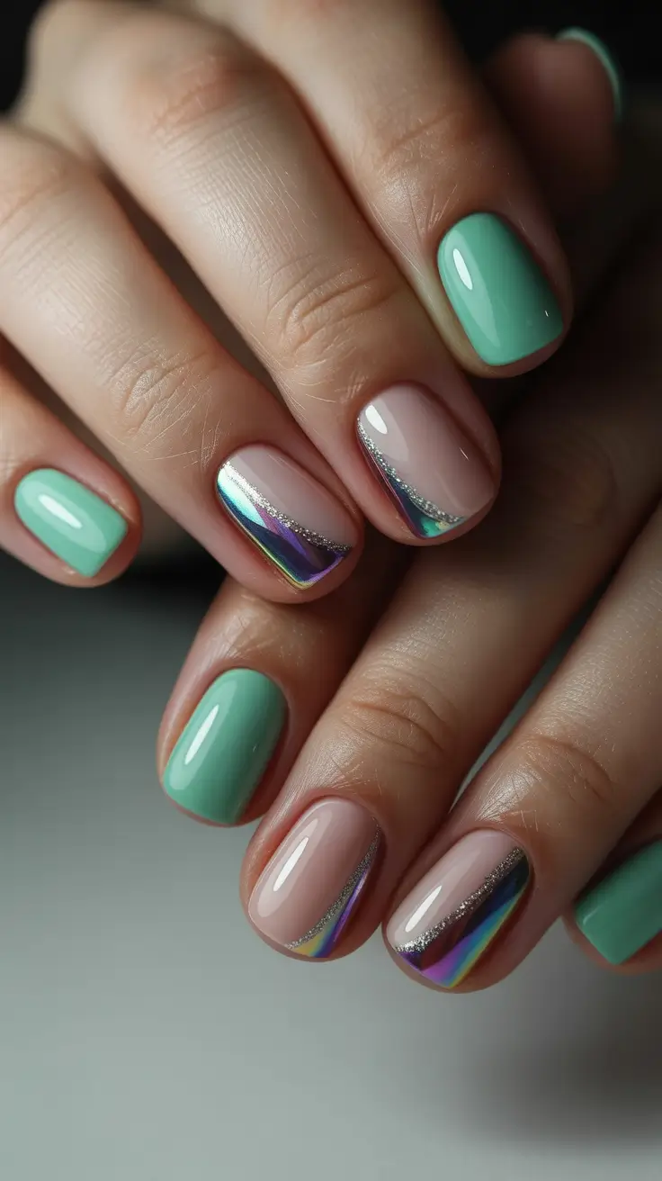 nails inspo ideas 2026 Mint Chrome Wave on Soft Neutrals