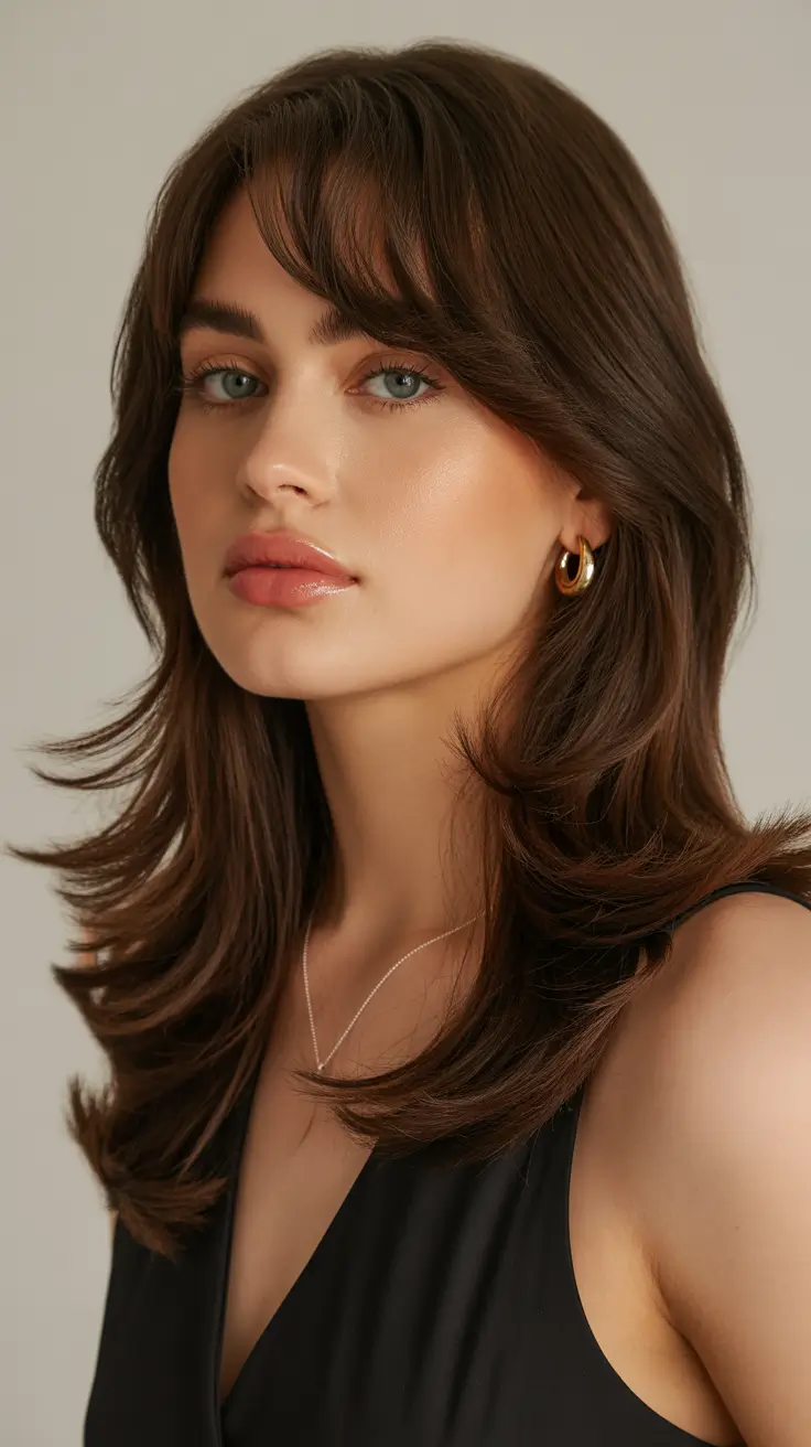 New hairstyle ideas 2026 Chocolate Layered Cut with Soft Bangs