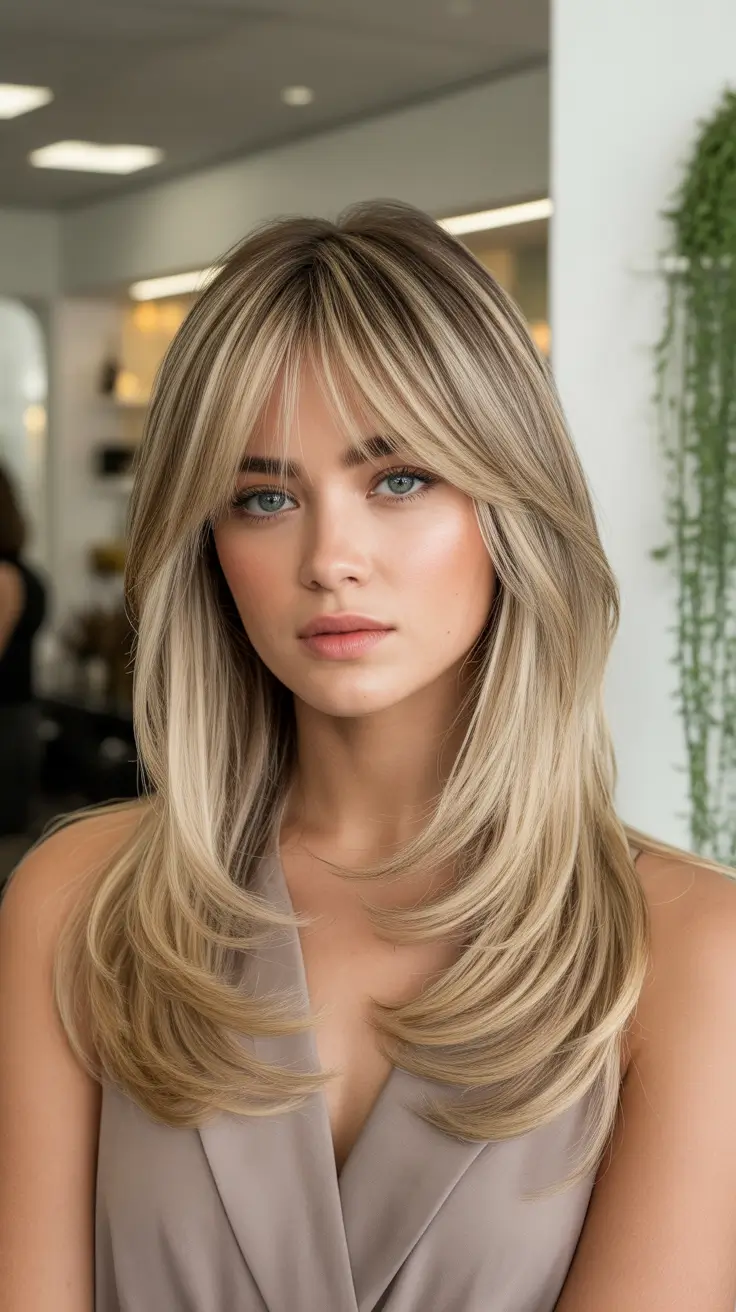 New hairstyle ideas 2026 Butter Blonde Layers with Curtain Bangs