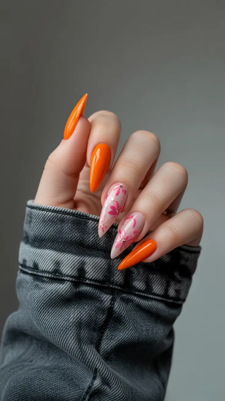 orange nail designs 2026 Playful Tangerine Florals