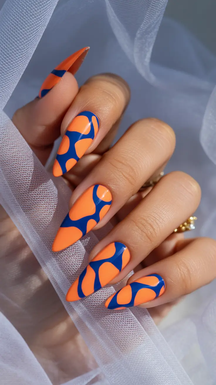 orange nail designs 2026 Retro Blue and Orange Pop