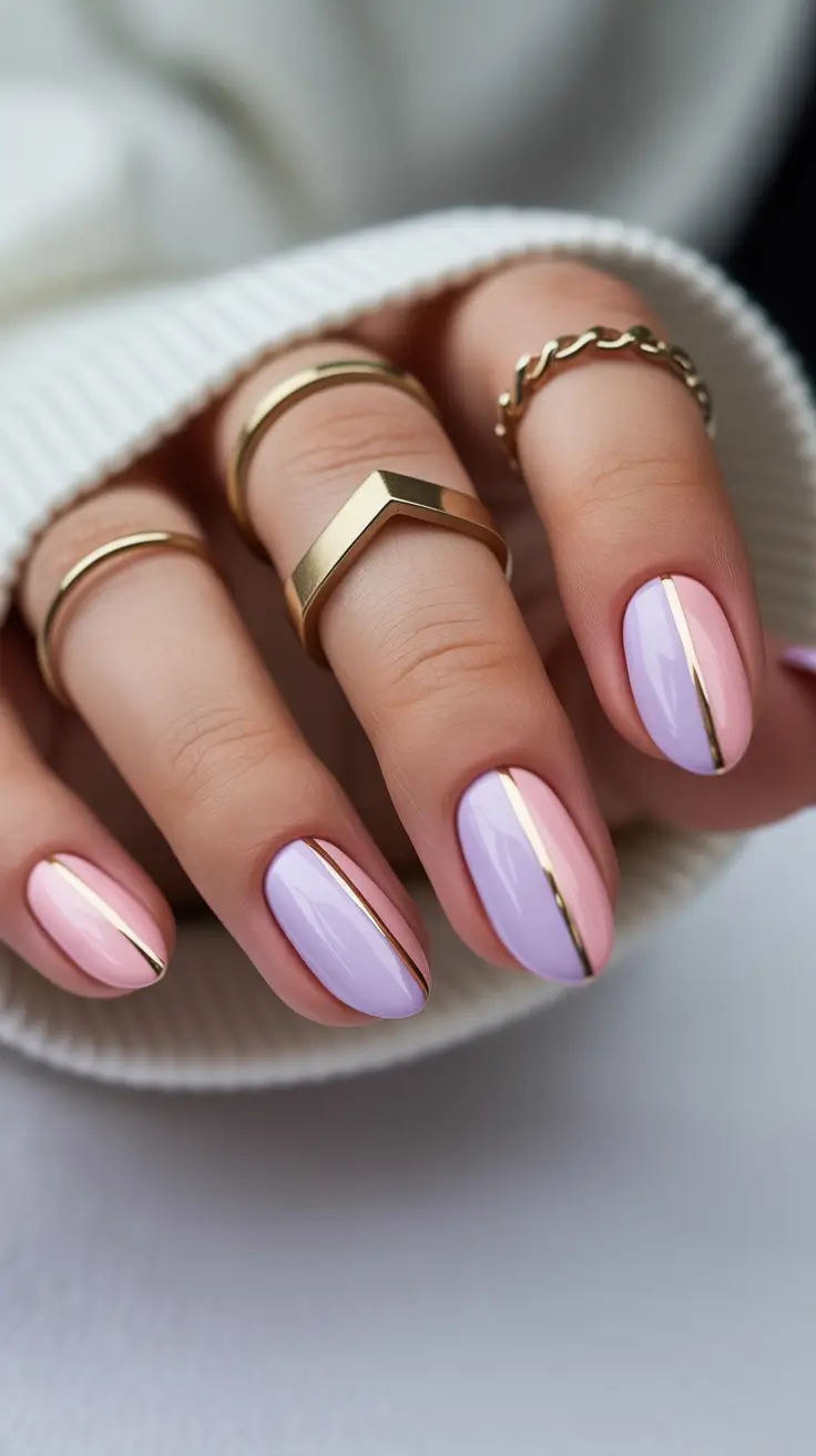 pastel nail designs 2026 Pastel Split Shades With a Chic Metallic Line