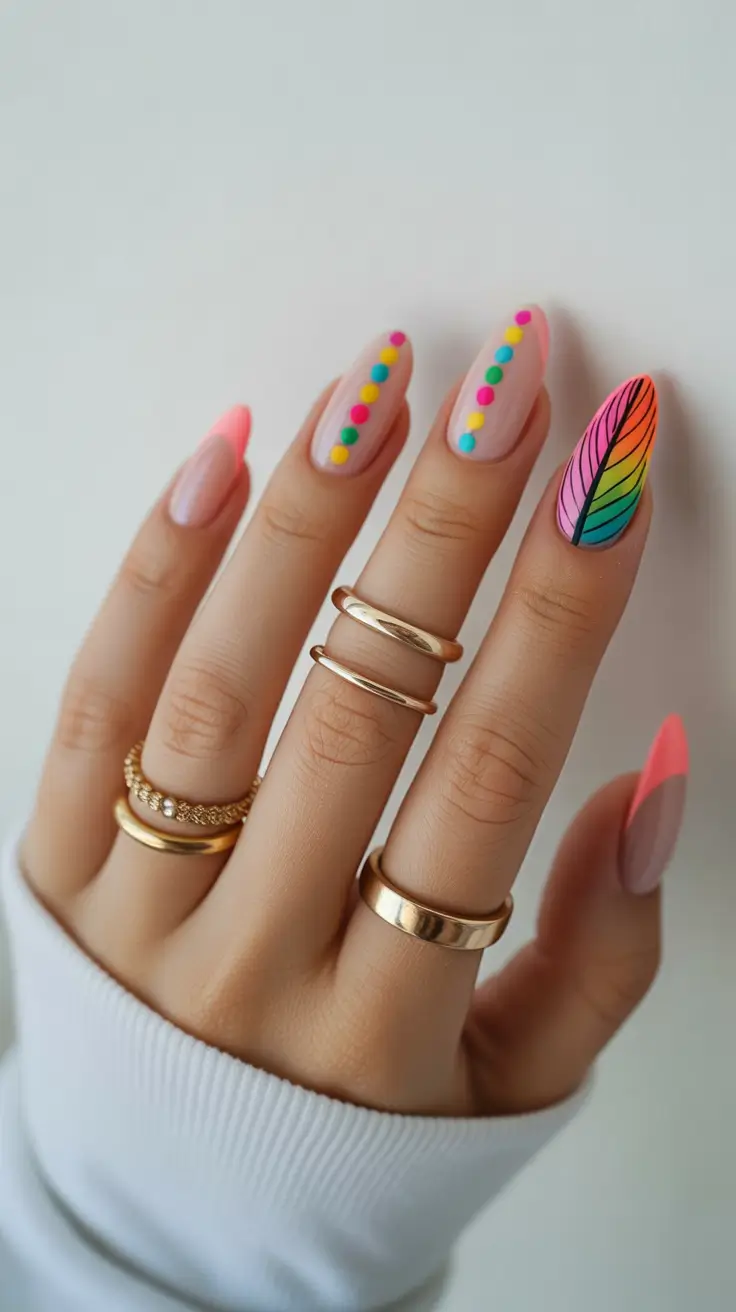 pastel nail designs 2026 Confetti Pastels With Rainbow Feather Accent