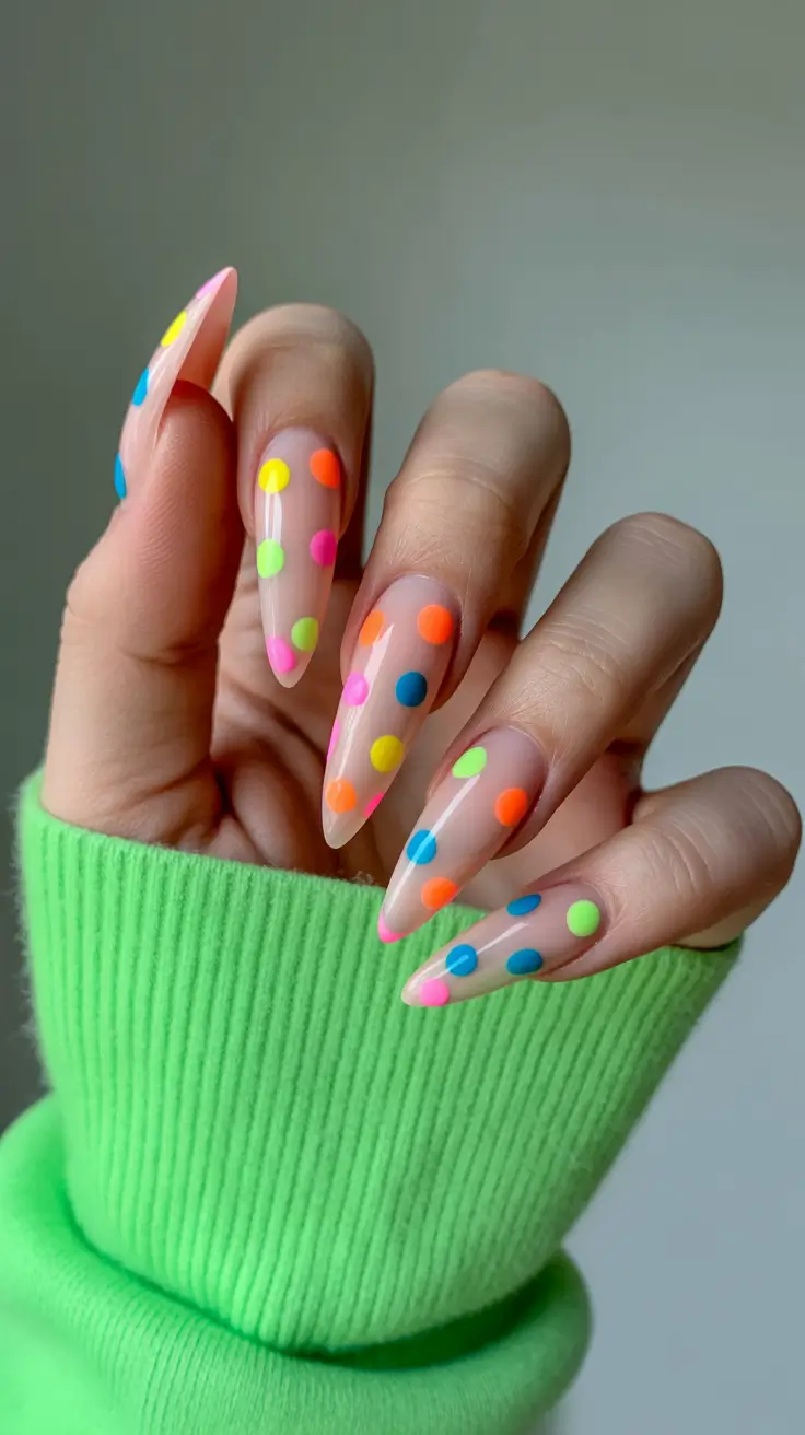 pastel nail designs 2026 Neon-Soft Confetti Pastels With Almond Glow