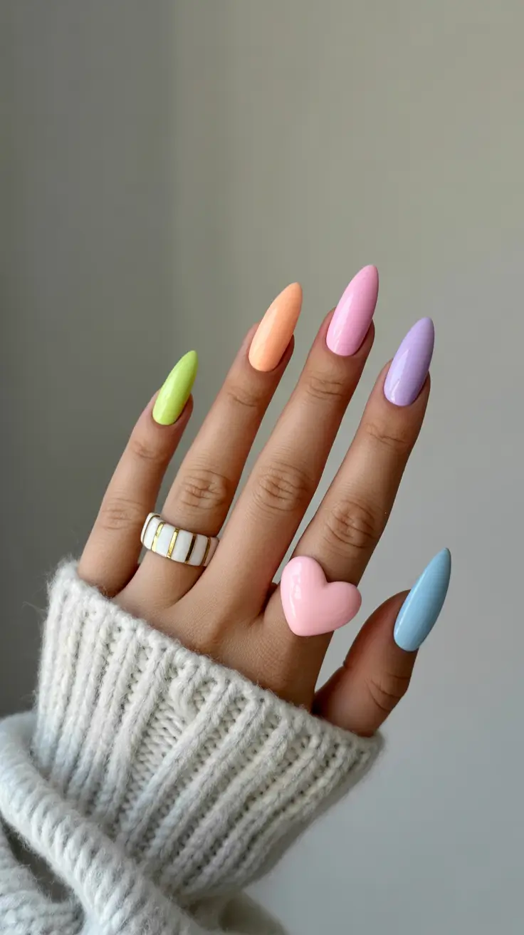 pastel nail designs 2026 Bright Pastel Almonds With Rainbow Personality